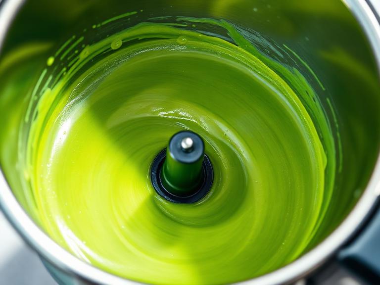A motion-blur photograph focusing on the Thermomix mixing bowl as a bright green zucchini soup is being blended at high speed