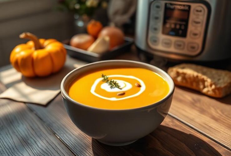 A close-up photograph of a steaming bowl of orange butternut squash velouté, cooked in a Thermomix, on a rustic wooden table with ingredients in the background