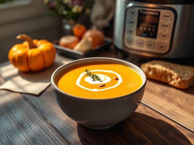 A close-up photograph of a steaming bowl of orange butternut squash velouté, cooked in a Thermomix, on a rustic wooden table with ingredients in the background