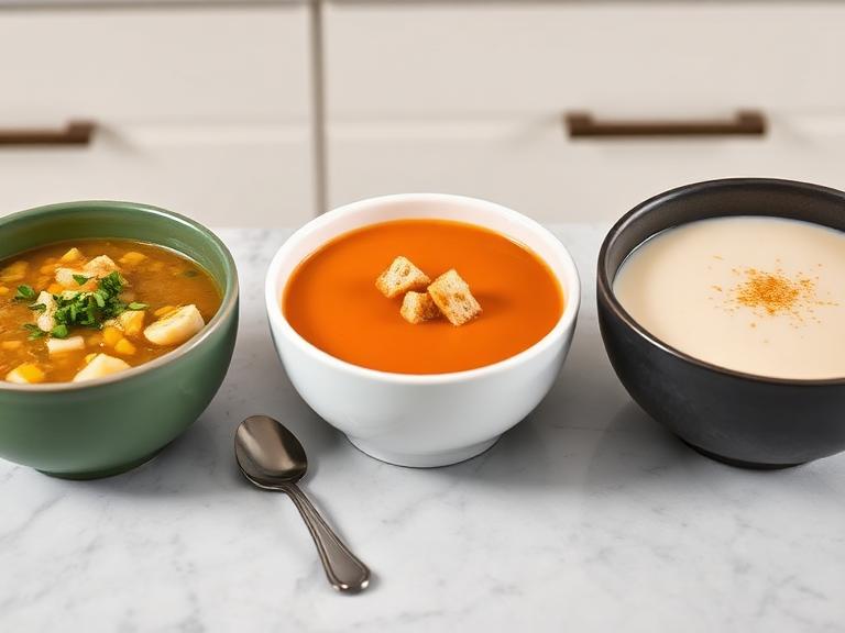 Three different colored soup bowls (green, orange, and white) arranged on a kitchen counter, showing the diversity of Thermomix recipes